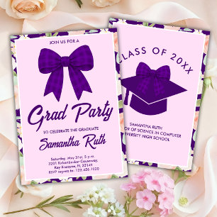 Wildflower Purple Gingham Bow Graduation Party Invitation