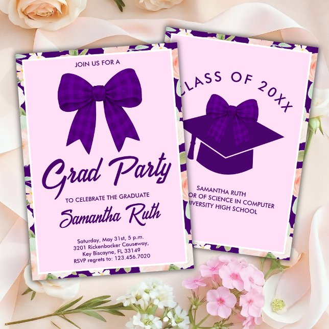 Wildflower Purple Gingham Bow Graduation Party Invitation (Creator Uploaded)