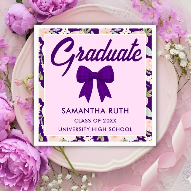 Wildflower Purple Gingham Bow Graduation Party Napkin (Creator Uploaded)