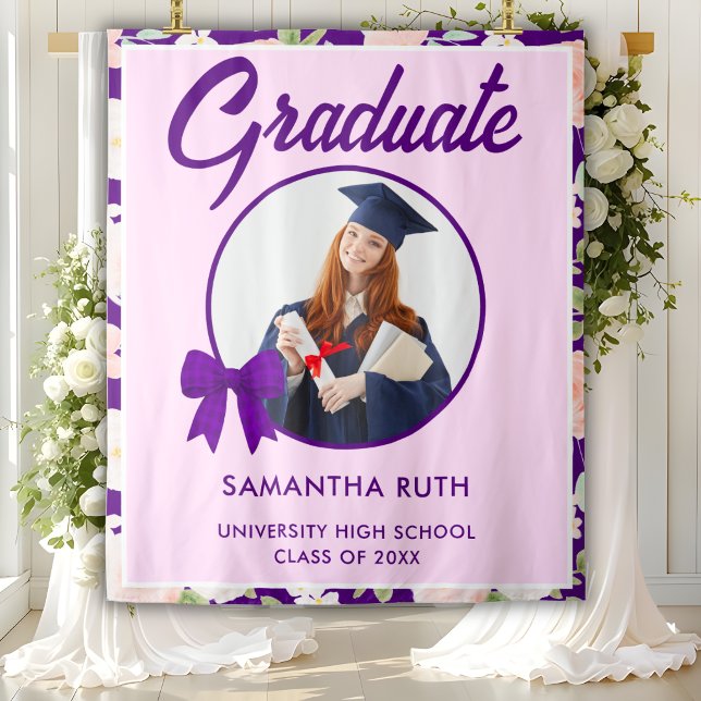 Wildflower Purple Gingham Bow Photo Grad Backdrop Tapestry (Creator Uploaded)