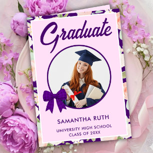 Wildflower Purple Gingham Bow Photo Graduation Card