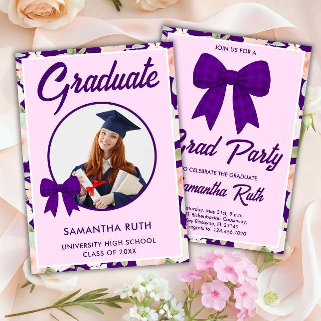 Wildflower Purple Gingham Bow Photo Graduation Invitation (Creator Uploaded)