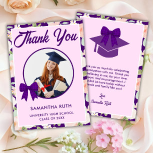 Wildflower Purple Gingham Bow Photo Graduation Thank You Card