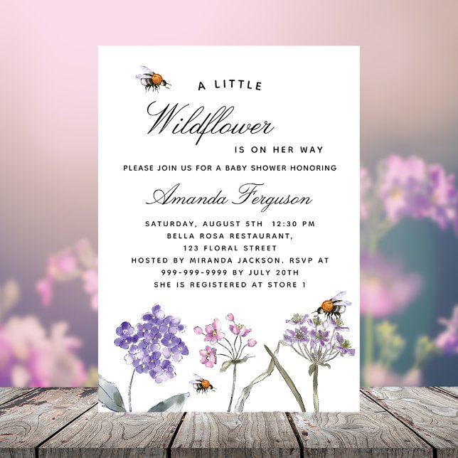 Wildflower purple pink bees girl baby shower invitation (Creator Uploaded)