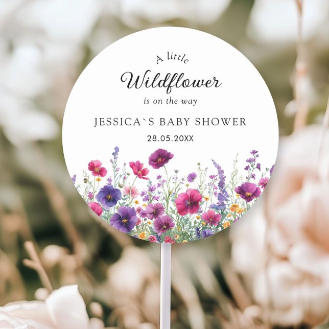 Wildflower, Purple-Pink-Flower Baby Shower Classic Round Sticker (Personalized, Wildflower, Purple-Pink-Flower Baby Shower Classic Round Sticker with your Name & Date)