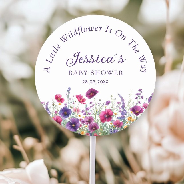 Wildflower, Purple-Pink-Flower Baby Shower Classic Round Sticker (Personalized, Wildflower, Purple-Pink-Flower Baby Shower Classic Round Sticker with your Name & Date)