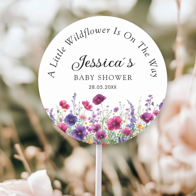 Wildflower, Purple-Pink-Flower Baby Shower Classic Round Sticker (Personalized, Wildflower, Purple-Pink-Flower Baby Shower Classic Round Sticker with your Name & Date)
