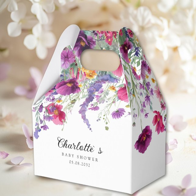 Wildflower, Purple-Pink-Flower Baby Shower  Favour Box (Wildflower, Purple-Pink-Flower Baby Shower Favor Boxes with your Name & Date. For Baby Girl & Boy.)
