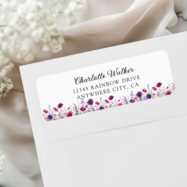 Wildflower, Purple-Pink-Flower Baby Shower  Return Address Label (Wildflower, Purple-Pink-Flower Baby Shower Label, for Baby Girl & Baby Boy, gender-neutral.)