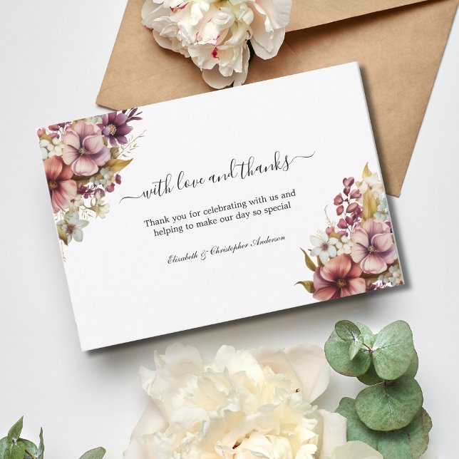 Wildflower Purple Rose Watercolor Wedding Thank You Card (Watercolor wildflowers in shades of purple and rose Wedding Thank you cards)