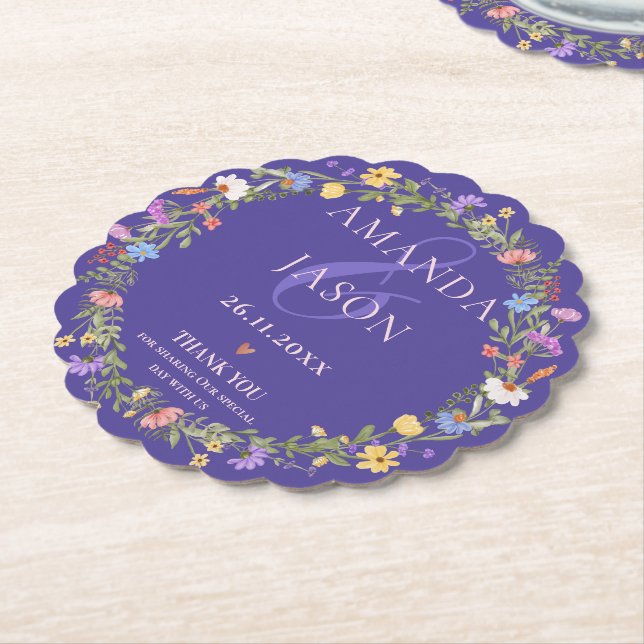 Wildflower Purple Yellow Floral Wreath Wedding  Paper Coaster (Angled)