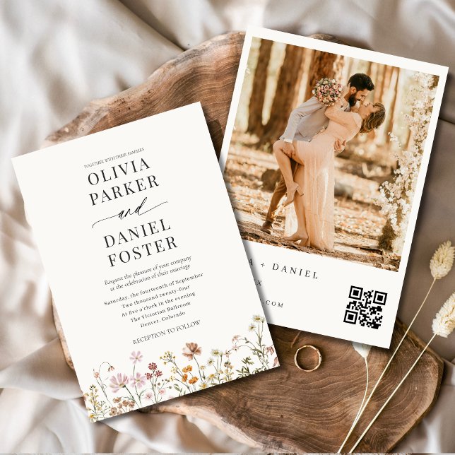 Wildflower QR Code Photo Boho Minimalist Wedding  Invitation (Creator Uploaded)