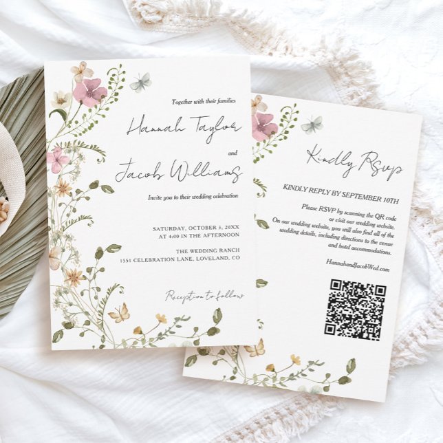 Wildflower QR Code RSVP Wedding Invitation (wildflower qr code wedding invitation template)