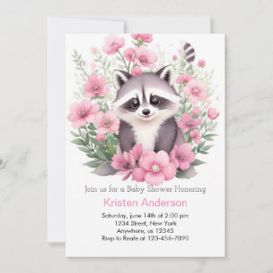 Wildflower Racoon Pink Adventure Girl Baby Shower Invitation