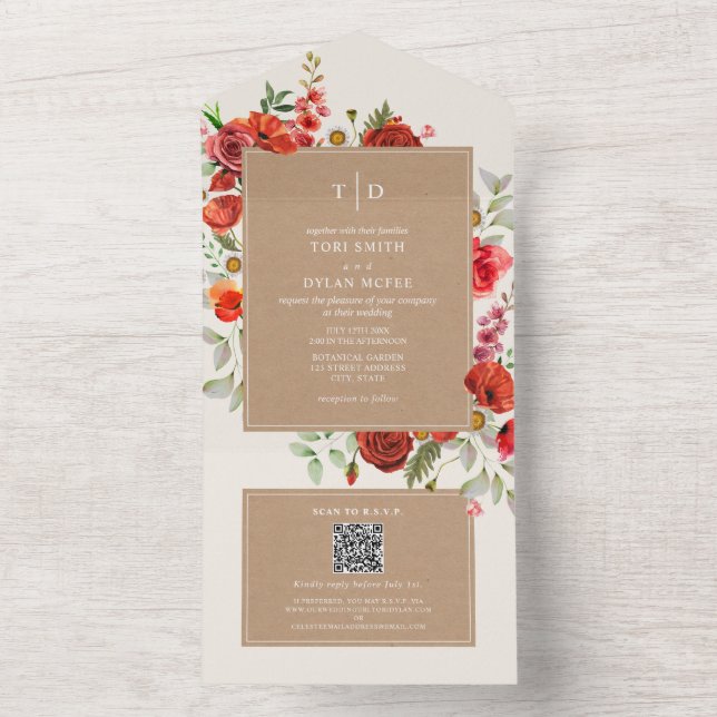 Wildflower Red Floral Cardstock Wedding RSVP All I In One Invitation (Inside)