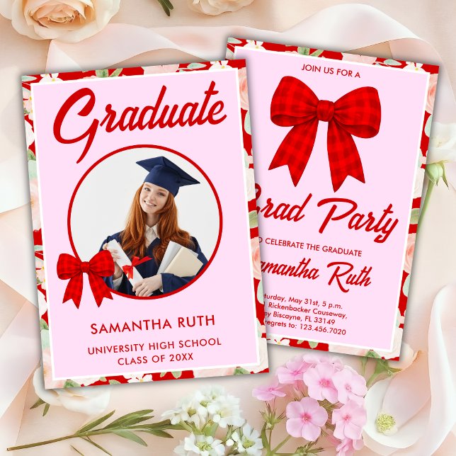 Wildflower Red Gingham Bow Photo Graduation Invitation (Creator Uploaded)