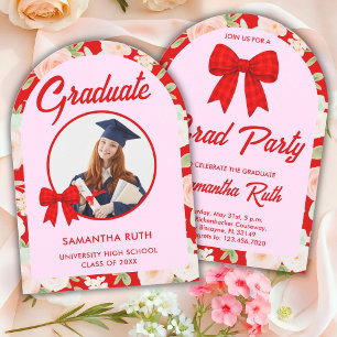 Wildflower Red Gingham Bow Photo Graduation Party Invitation