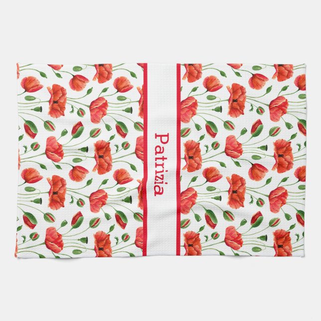 Wildflower Red Poppy Floral Pattern Custom Name  Tea Towel (Horizontal)