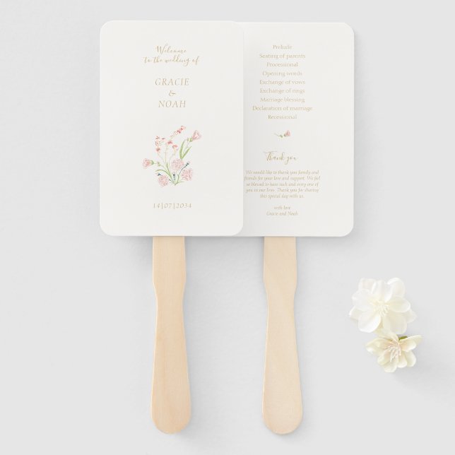 Wildflower Rose Ivory Folded Card Wedding Program Hand Fan (Front and Back)
