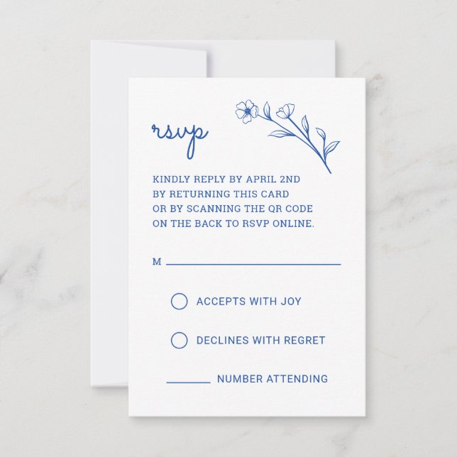 Wildflower RSVP Card with QR Code in Cobalt Blue (Front)
