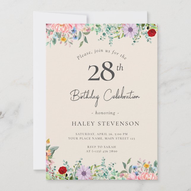 Wildflower Rustic Boho 28th Birthday Simple Beige Invitation (Front)