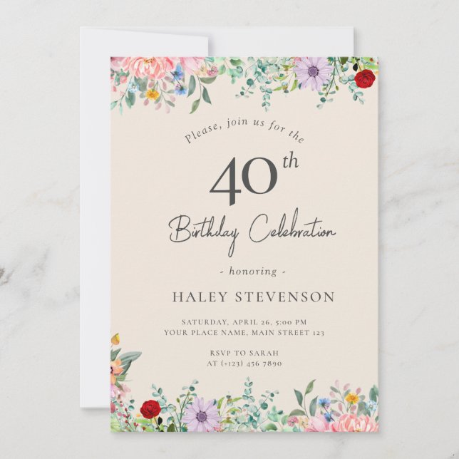 Wildflower Rustic Boho 40th Birthday Simple Beige Invitation (Front)