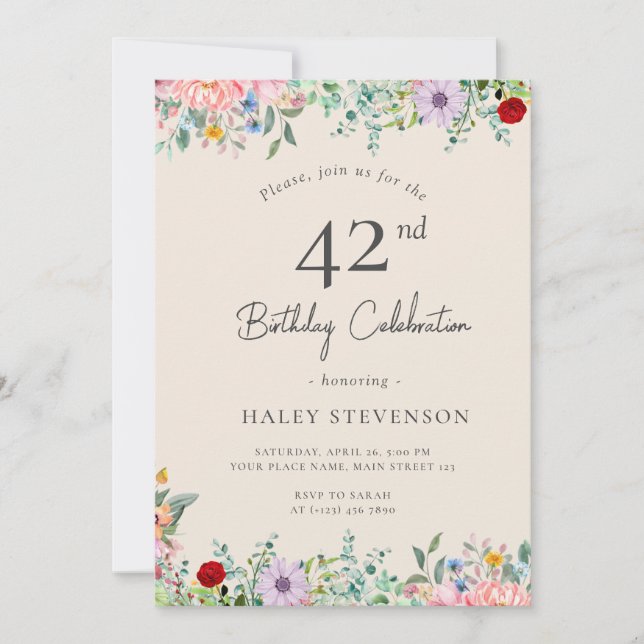 Wildflower Rustic Boho 42nd Birthday Simple Beige Invitation (Front)