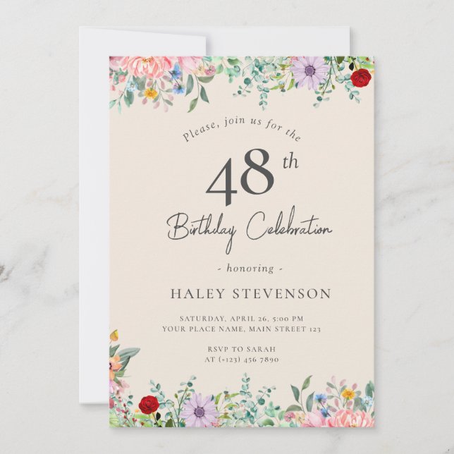 Wildflower Rustic Boho 48th Birthday Simple Beige Invitation (Front)