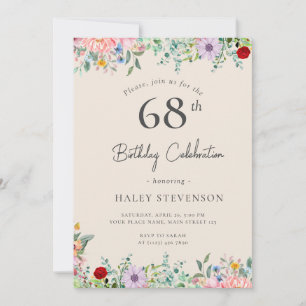 Wildflower Rustic Boho 68th Birthday Simple Beige Invitation
