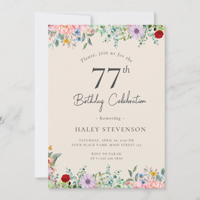 Wildflower Rustic Boho 77th Birthday Simple Beige Invitation (Front)