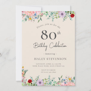 Wildflower Rustic Boho 80th Birthday Simple Beige Invitation