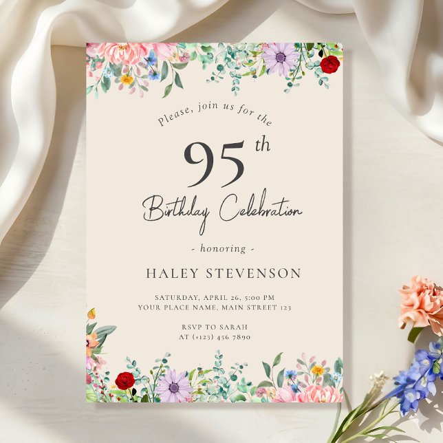 Wildflower Rustic Boho 95th Birthday Simple Beige Invitation (Creator Uploaded)