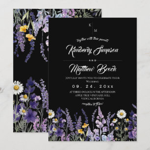 Wildflower Rustic Boho Black Wedding Invitation