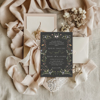 Wildflower Rustic Boho Floral Black Wedding Invitation
