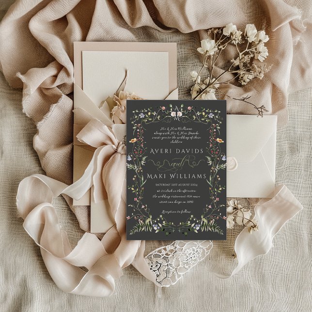 Wildflower Rustic Boho Floral Black Wedding Invitation (Creator Uploaded)