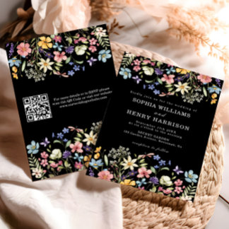 Wildflower Rustic Chic Black Wedding QR Code  Invitation