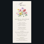 Wildflower Rustic Chic Floral Boho Country Wedding Menu<br><div class="desc">Celebrate your love story with this elegant floral wedding menu featuring a charming watercolor wild flower design and modern calligraphy script. Perfect for a garden wedding, outdoor ceremony, or rustic boho celebration, this design blends whimsical floral elements with timeless elegance. Ideal for summer or spring weddings, the vibrant botanical artwork...</div>