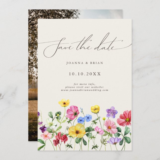 Wildflower Rustic Chic Floral Photo Save the Date (Front/Back)