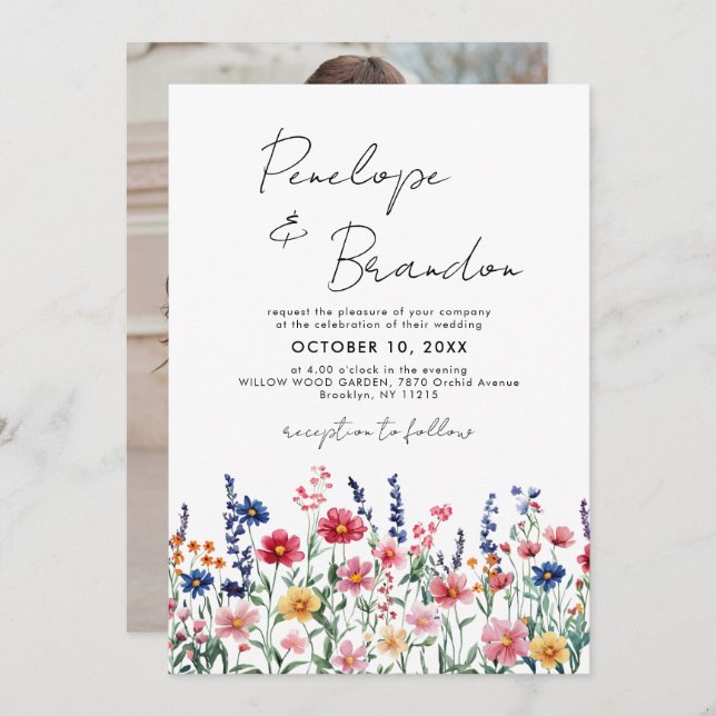 Wildflower Rustic Country Boho chic Photo Wedding Invitation (Front/Back)