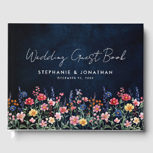 Wildflower Rustic Country Boho Floral Navy Wedding Guest Book