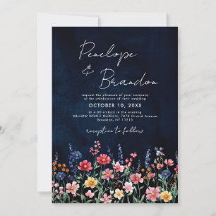 Wildflower Rustic Country Boho Floral Navy Wedding Invitation