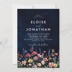 Wildflower Rustic Country Boho Floral Navy Wedding Invitation