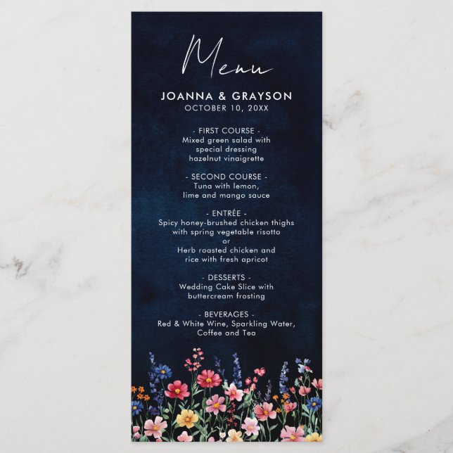 Wildflower Rustic Country Boho Floral Navy Wedding Menu (Front)