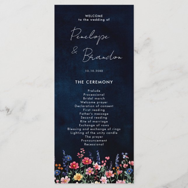Wildflower Rustic Country Boho Floral Navy Wedding Program (Front)