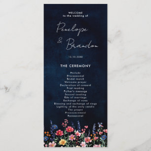 Wildflower Rustic Country Boho Floral Navy Wedding Program