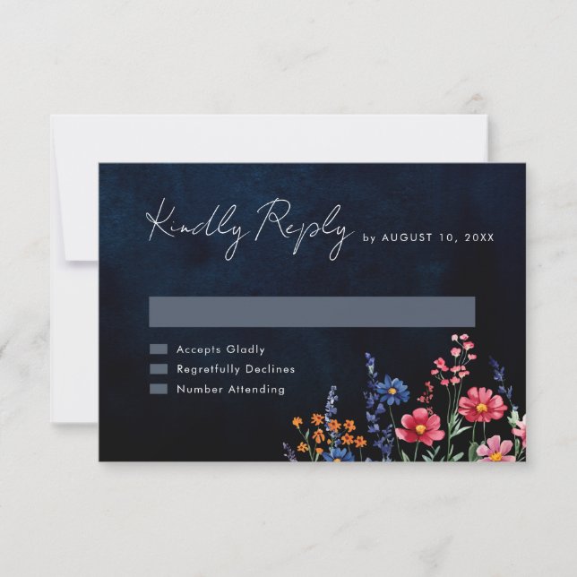 Wildflower Rustic Country Boho Floral Navy Wedding RSVP Card (Front)