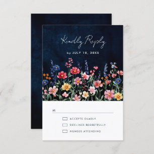 Wildflower Rustic Country Boho Floral Navy Wedding RSVP Card