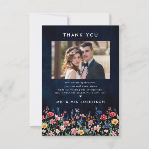 Wildflower Rustic Country Boho Floral Navy Wedding Thank You Card