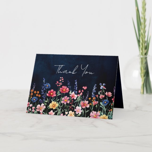Wildflower Rustic Country Boho Floral Navy Wedding Thank You Card (Front)