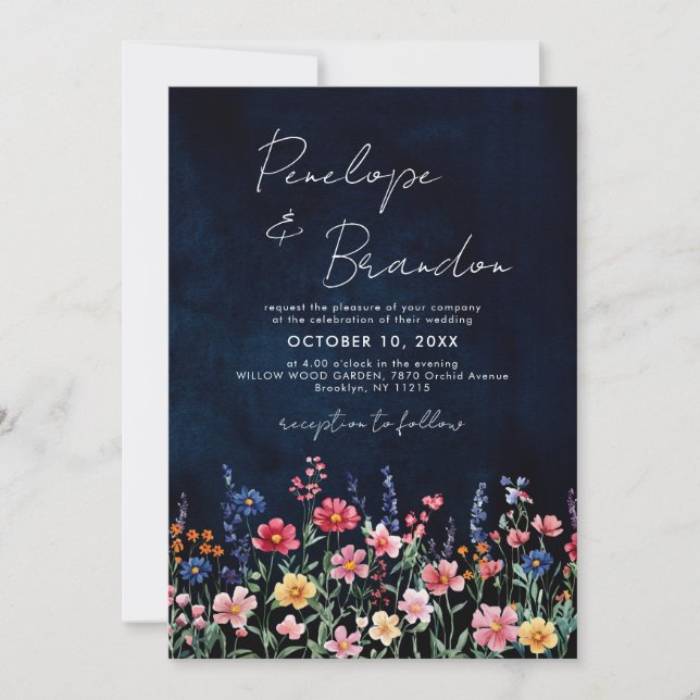 Wildflower Rustic Country Boho Navy Photo Wedding Invitation (Front)